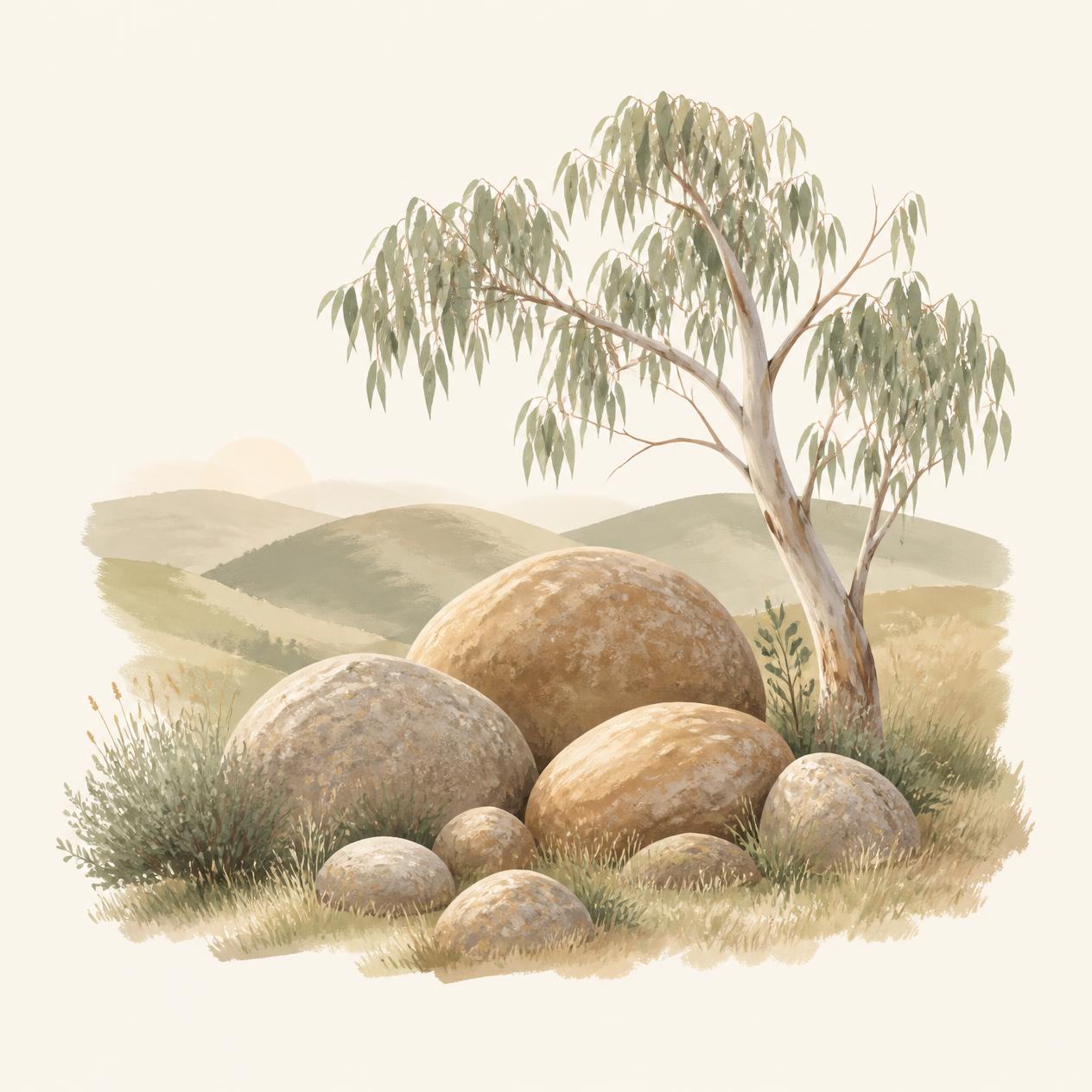 Illustration of granite boulders resting together beneath a gum tree