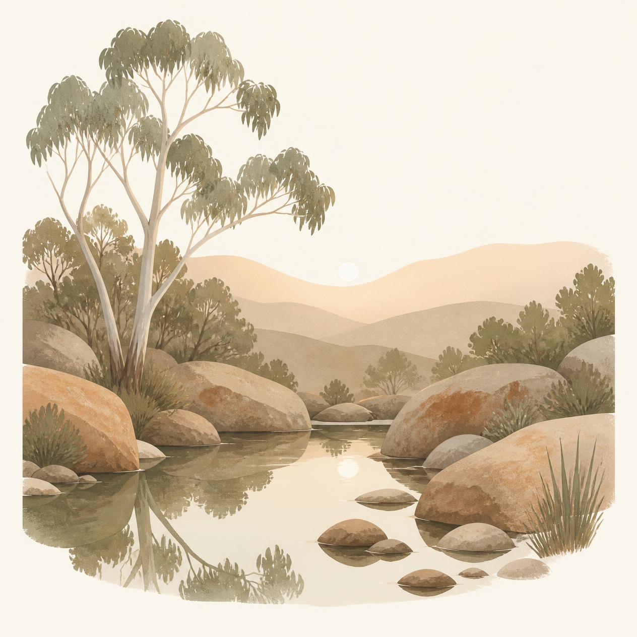 Illustration of a still creek pool among granite boulders and gum trees