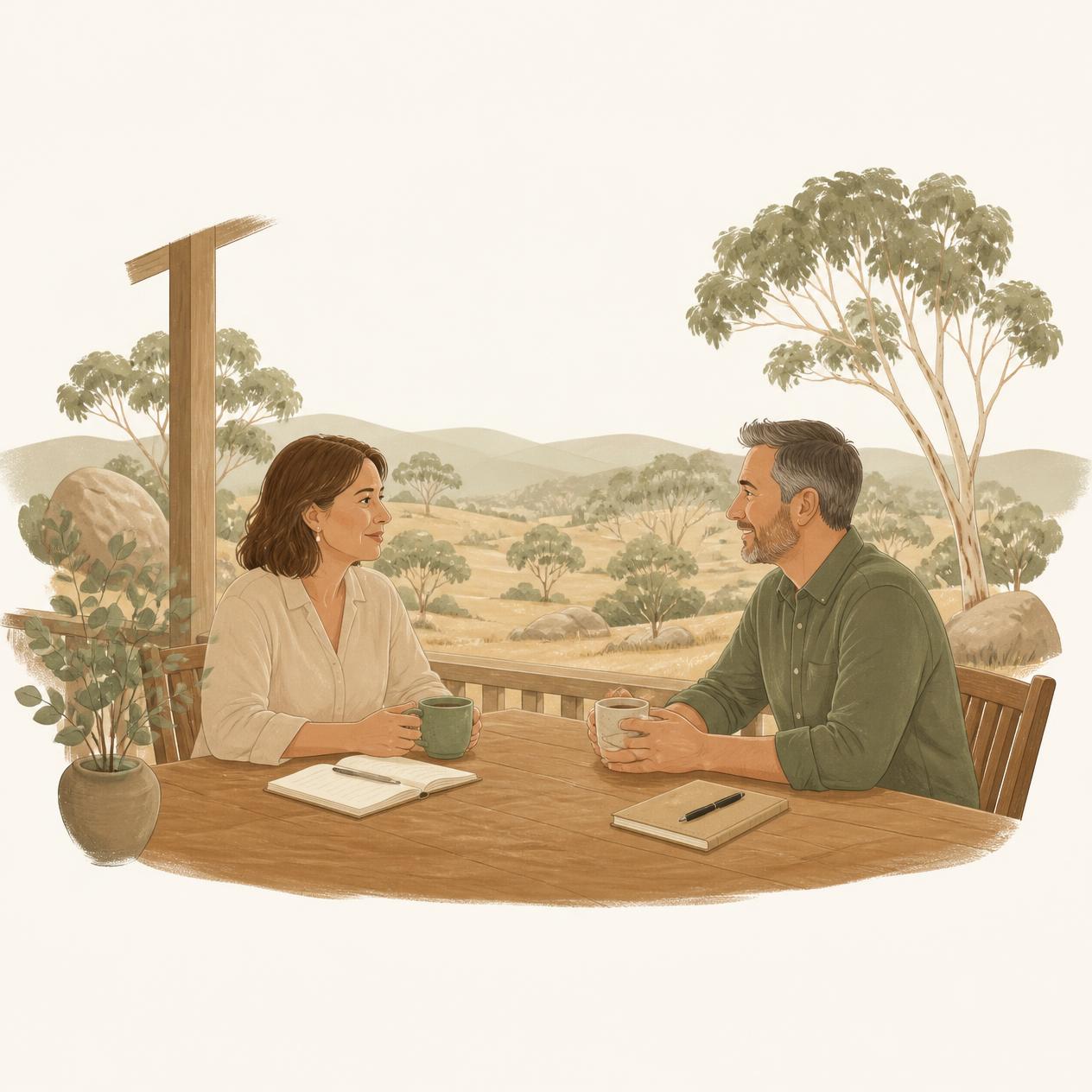 Illustration of a woman and a man in conversation across a table on a verandah