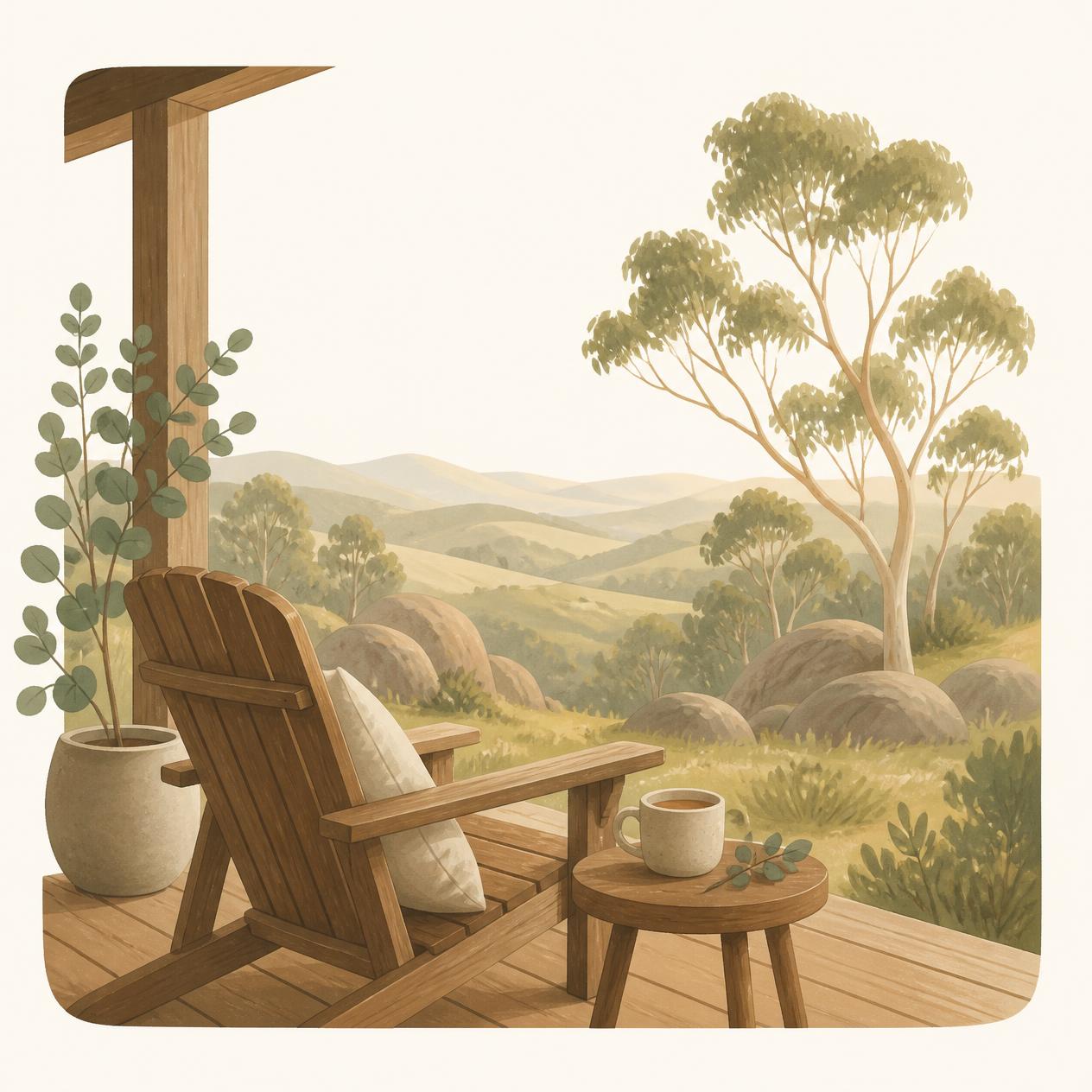 Illustration of an empty wooden chair on a verandah looking out over granite hills and gum trees