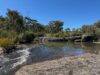 A creek flowing between granite rocks and bushland under a clear sky
