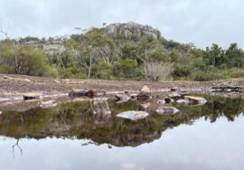 A still pool reflecting granite rocks and trees